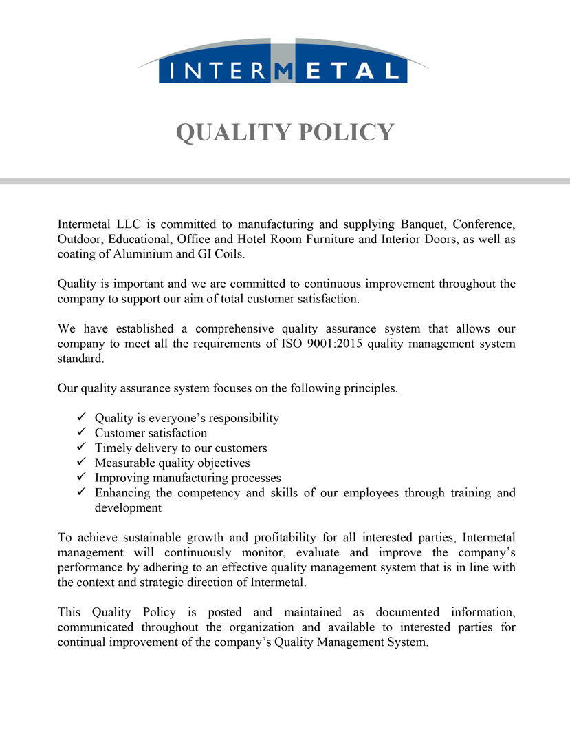 Quality Policy Intermetal Furniture Manufacturing & Designing